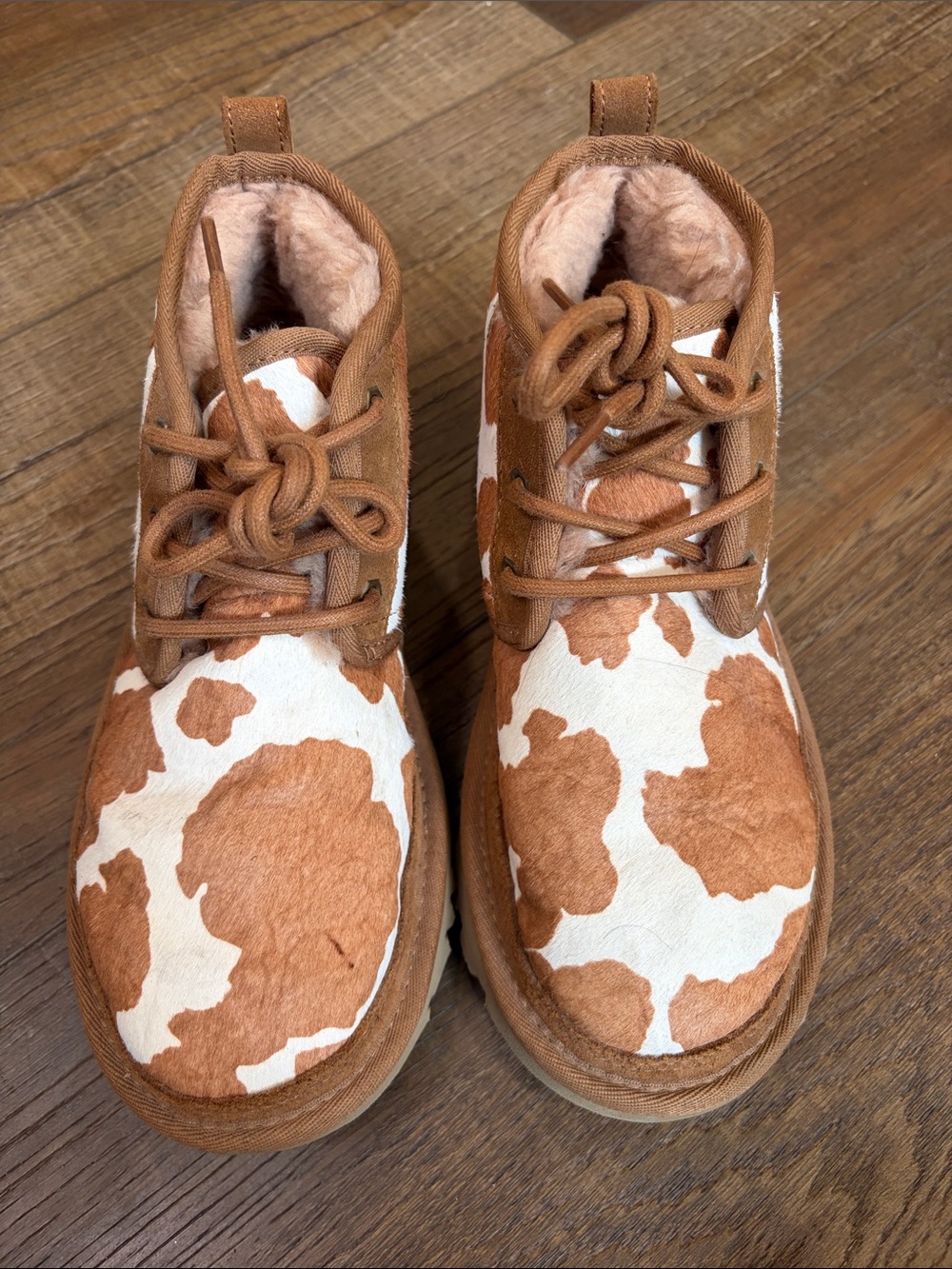 UGG Cow-Print Lace-Up Ankle Boots - Brown & White